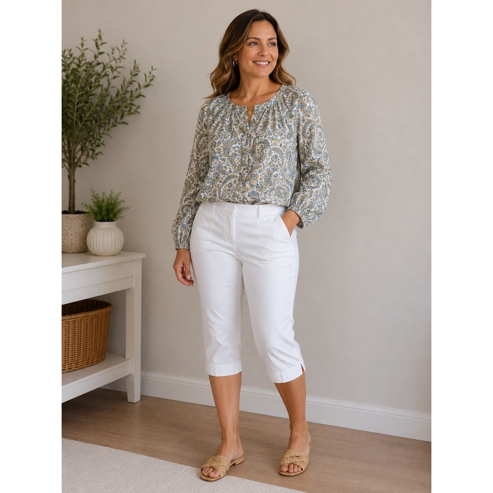 Talbots The Perfect Crop Pants Women 12P White Cotton Spandex Stretch Slit Hem